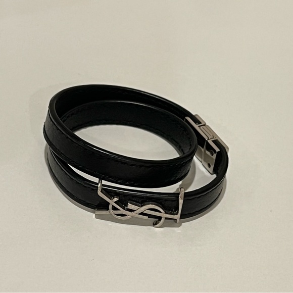 Saint Laurent Jewelry - Saint Laurent Leather Double-Wrap YSL Bracelet in Black / Silver NEW